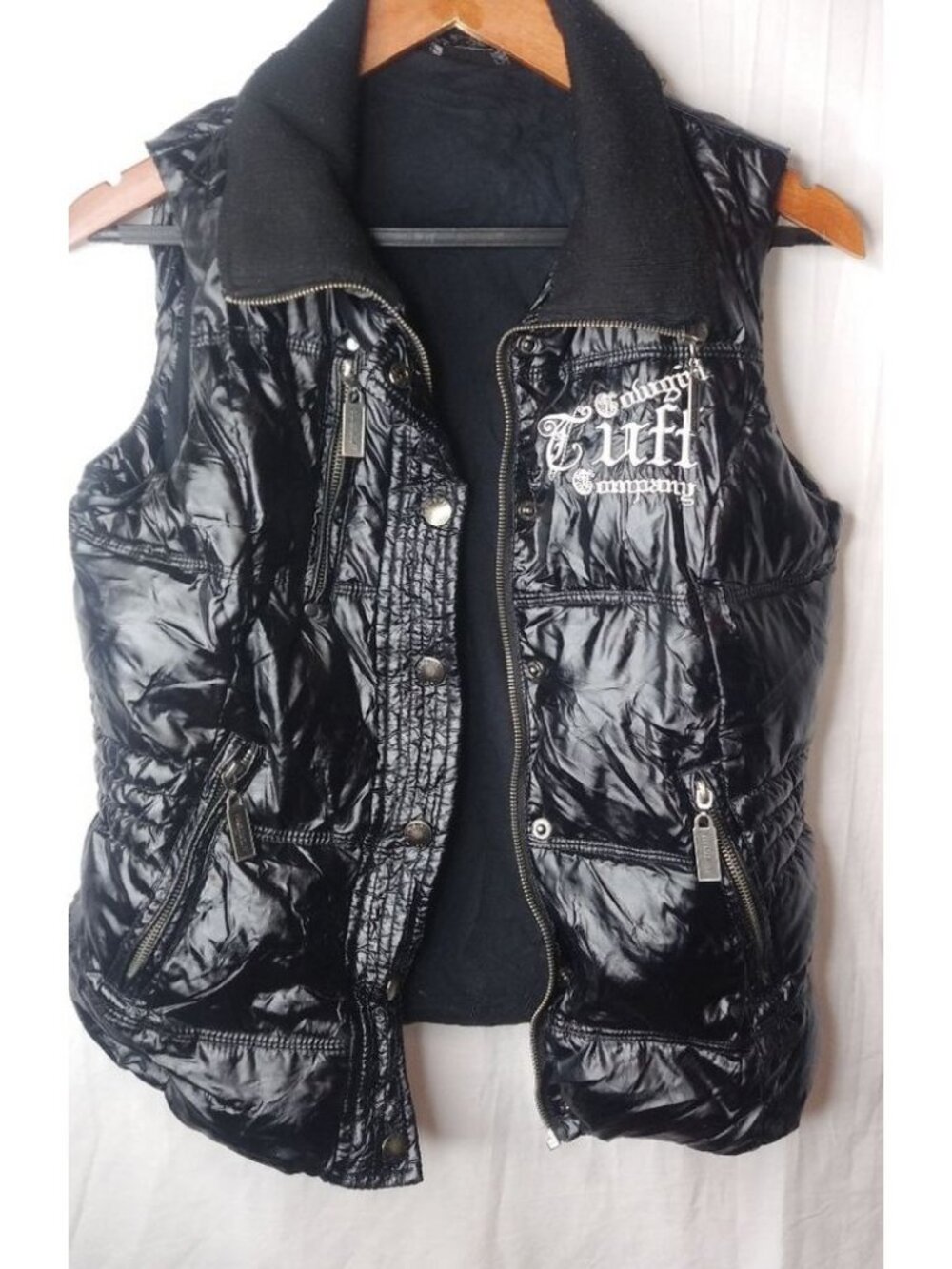 COWGIRL TUFF S Y2K Western Bling Black Shiny Logo Puffer Vest